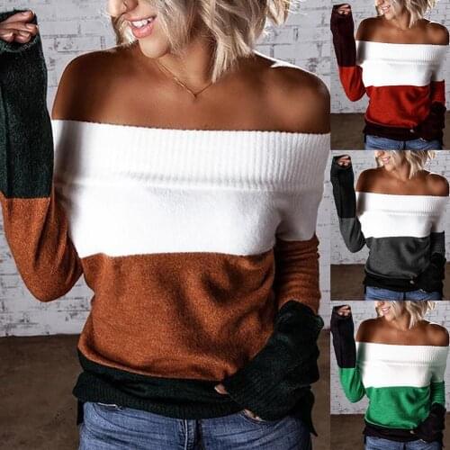 Women Sexy Pullover Sweater Autumn Winter Off Shoulder Patchwork Long Sleeve Pullover Knitted Sweater Chic Fashion Top Women