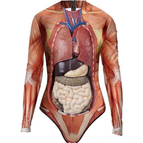 Human Anatomy 3D Print Long Sleeve Sexy One Piece Swimsuit Female Entrail Pattern Bodysuit Women Body Suit Casual Jumpsuit