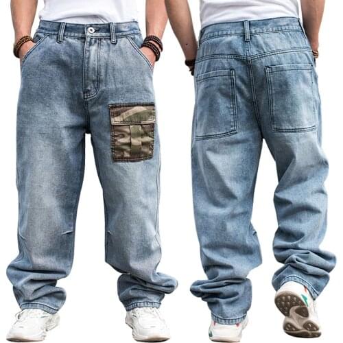 2021 Jeans Men Loose Denim Pants Baggy Straight Casual Camouflage Patch Pocket Hip Hop Skateboard Light Blue Wide Leg Trousers