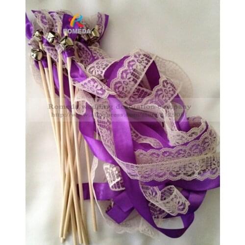 50PCS /LOT Wedding Wands Lace Ribbon Bells Streamers Birthday Party with Silver bell in purple colour