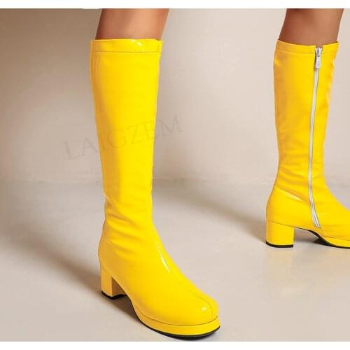 BERZIMER FASHION Women Claf Boots Wide Calf Friendly Stretchy Elastic Chunky Block Boots Side Zips Shoes Woman Big Size 33 45 48