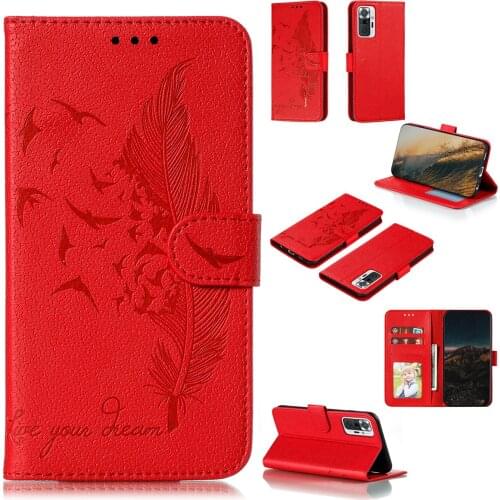 Feather Embossed Lychee Pu Leather Phone Case for Xiaomi Redmi Note 10Pro Card Slot Wallet Photo Frame Kickstand Back Cover