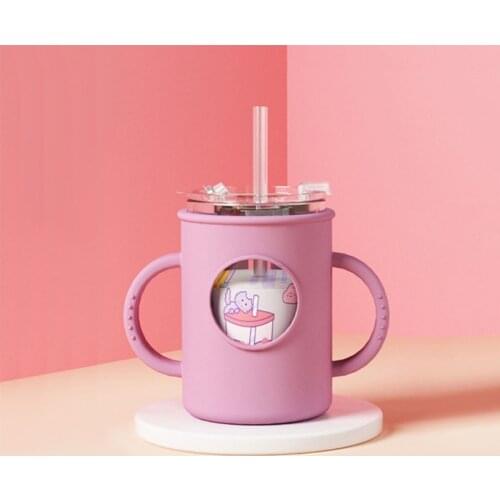 Anti-falling Baby Milk Cup with Straw Silicone Double Handle Sleeve Children Water Cup Portable Kids Drinking Glasses