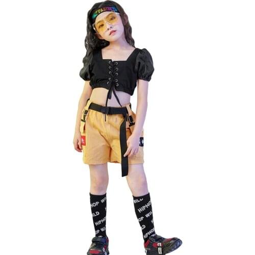 Kids Girls Puff Sleeve Crop Top Shorts Suit Children Hip Hip Street Dance Clothes Set Teens Jazz Dance Performance Costume