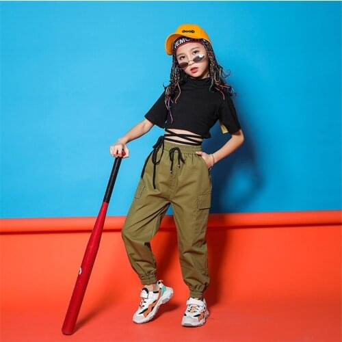 Jazz Costumes Children Black Short Sleeve Top Overalls Pants Girls Street Dance Clothes Kids Hip Hop Stage Show Wear