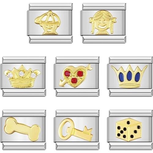 Hapiship 2021 New Fashion Crown Bone Boy Girl Key Dice Heart CZ Italian Charm Fit 9mm Bracelet Stainless Steel DIY Making DJ089