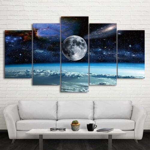 Hd Print 5 Pieces Canvas Art Space Universe Moon Stars Painting Modular Framed Canvas Home Decor Poster for Living Room