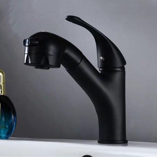 LIUYUE Basin Faucets Black/Chrome Brass Bathroom Pull Out Basin Faucet Button Mode Flush Any Angle Cold Hot Water Sink Mixer Tap
