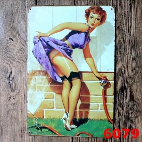 Metal Tin Sign Art Garden Sexy Pin Up Humor Ad Hose Water Girl Woman Vintage 20x30CM