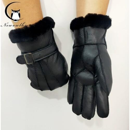 Leather Fur Sheepskin Gloves Fashion Men Winter Autumn Warm Thermal Wool Fleece Snow Mittens Outdoor Five Finger Wrist Gloves