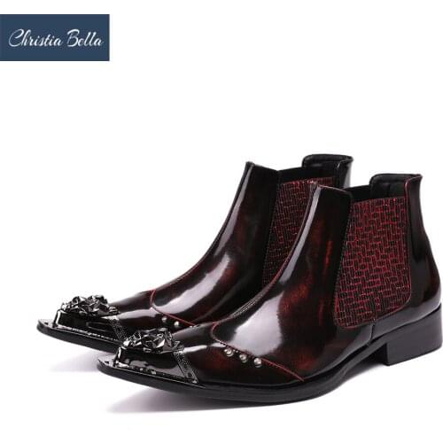 Christia Bella Winter Men Rivets Shoes Genuine Leather Boots New Fashion Metal Pointed Toe Boots Plus Size Ankle Chelsea Boots