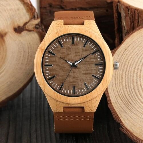Khaki Round Dial Bamboo Wood Case Mens Watch Brown Genuine Leather Wristband Casual Natural Wooden Clock Gifts Male