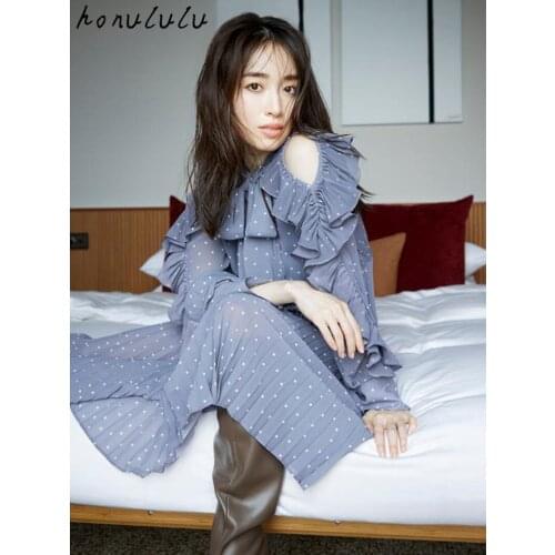 2021 autumn new style spring with the same retro polka dot ruffled strapless off-the-shoulder dress women