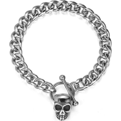 New Punk Stainless Steel Mens Skull Charm Bracelet Curb Cuban Link Chain Man Ghost Head Gothic Bracelets & Bangles DB318