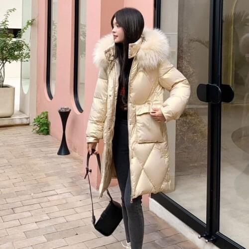 New Winter Black Shiny Down Cotton Coat Women Korean Clothing Hooded Pocket Jacket Fashion Loose Mid-length Bread Coat JD1811