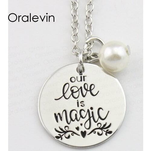 OUR LOVE IS MAGIC Inspirational Hand Stamped Engraved Charms Pendant Necklace for Women Fashion Gift Jewelry,10Pcs/Lot, #LN841