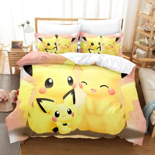 Pokemon animation peripheral Pikachu elf printing three-piece suit anime bed sheet set childrens three-piece duvet cover