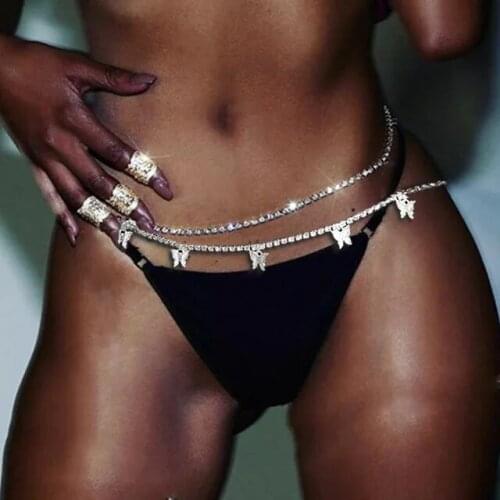 Sexy Body Jewelry Iced Out Bling 5A Cubic Zirconia CZ Butterfly Charm Tennis Waist Chain Women Beach Charm Bikini Belly Chains