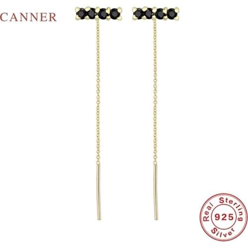 CANNER New Black Ear Wire Tassel Earrings For Women Real 925 Sterling Silver Piercing Stud Earrings Zircon Jewelry Pendientes