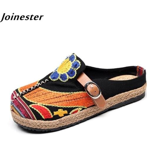Summer Women Wide Toe Canvas Slippers Ethnic Breathable Linen Mules with Buckle Flat Heeled Casual Sandals for Woman Beach Shoes