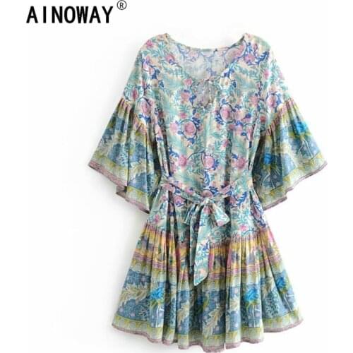 Vintage chic women hippie purple floral print deep V-neck Bohemian mini dress Summer ladies bat sleeve Boho dresses vestidos