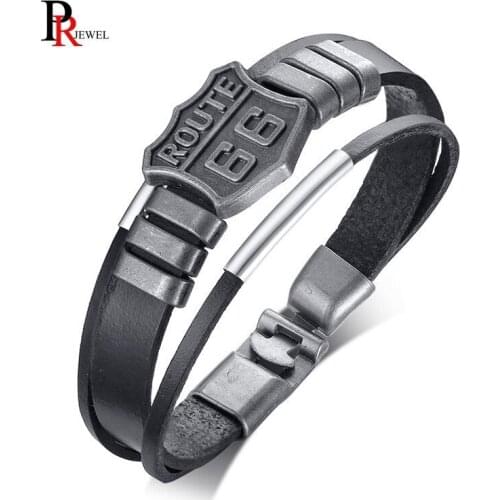 Vintage Route 66 Charm Bracelets for Men Woman Multi-layer Genuine Leather Rope Wrap Bracelet Bangle 8.07"