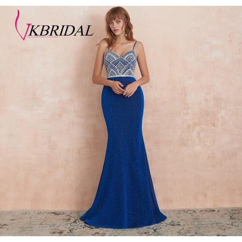 VKBRIDAL Prom Dresses 2019 New Sexy Glittery Fabric Beaded Crystal Royal Blue Formal Party Gowns