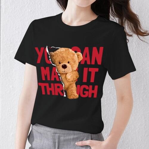 Female T-shirt Cartoon Teddy Bear Pattern Series Ladies Commuter Top Black Classic O-neck T-shirt Fashion Woman Short Sleeve