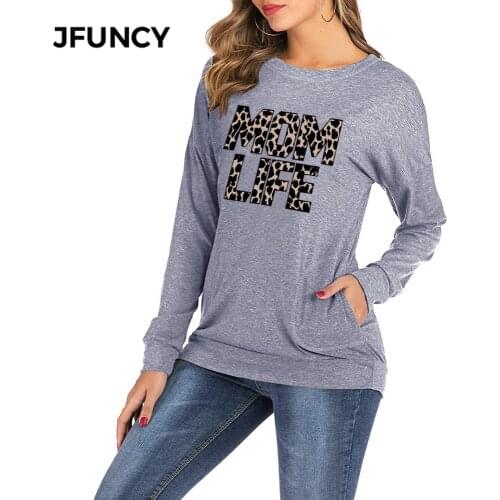 JFUNCY Leopard MOM LIFE Spring Autumn Women T-Shirt O-Neck Long Sleeve Loose Pullover Tops Casual Ladies Female T Shirt