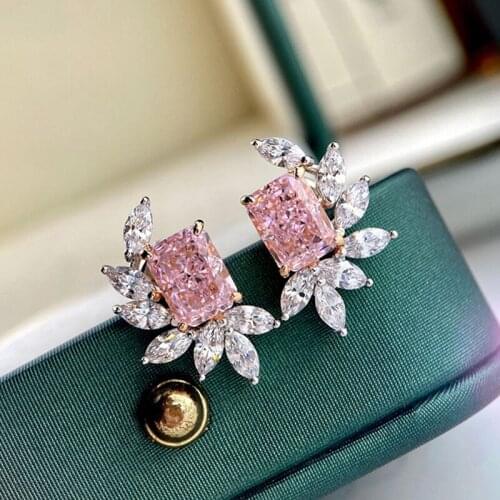 100% 925 Sterling Silver Earrings Ins Hot Pink Flower Stud Earrings For Women 18K Gold Plated Sparkling Wedding Fine Jewelry