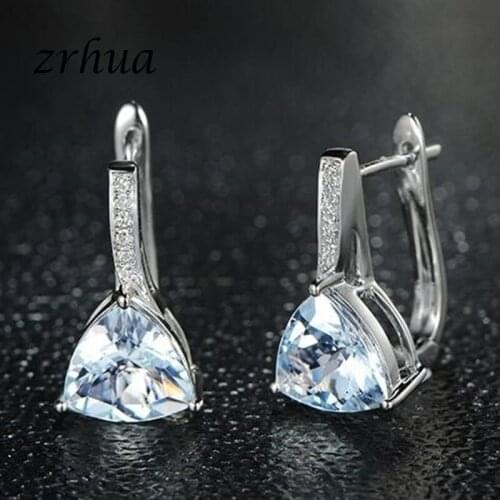 ZRHUA High Quality Silver Color Women Fashion Clear Blue Crystal Charm Hoop Earrings Friendship Gift Teen Girls Friends