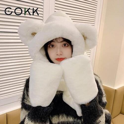 COKK Winter Hats For Women Beanie Cartoon Bear Ears Fur Thick Warm Hat Scarf Gloves A Piece Bonnet Cute Casual Ear Protect New