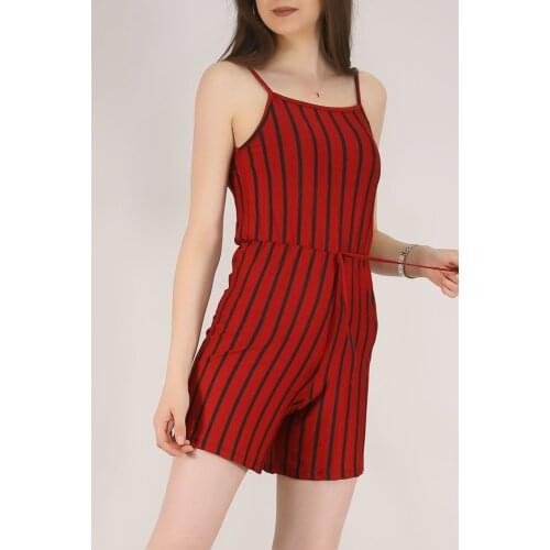 Womens Double Breasted Collar Striped Strap Lace-Up Combed Cotton Jumpsuit - KAD3325440 Kasheha