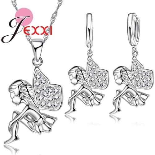 Christmas Gift Angle Pendant Necklace Earrings 925 Sterling Silver Jewelry Sets For Women Girl Party Birthday Accessory