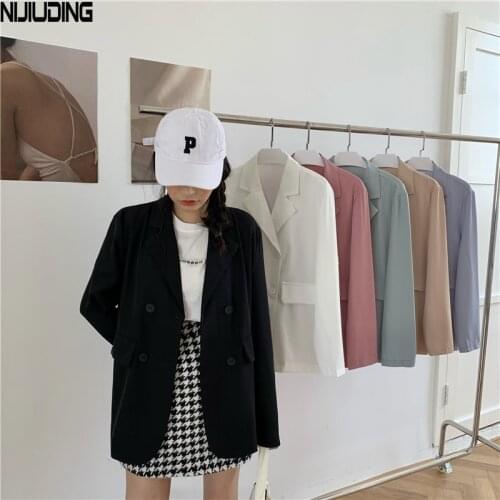 NIJIUDING Blazers for Womens 2020 Autumn New Black Solid Long Sleeve Single Breasted Notched Collar Vintage Suit Jacket Female