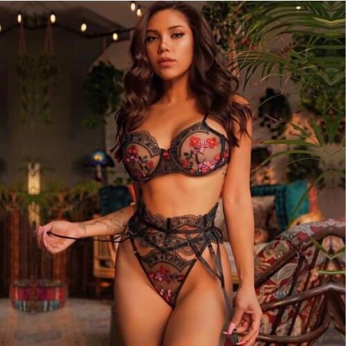 Women Sexy Lingerie Set Floral Embroidery Perspective Mesh Bra Panty Set with Garter Ladies Exotic Underwear Set Nightwear