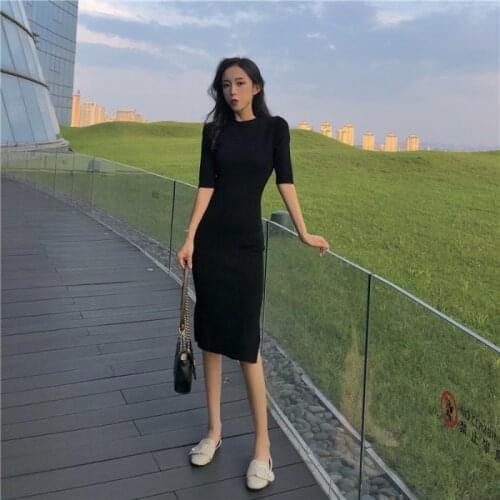 New ladies retro temperament slim slimming round neck bottoming knitted split dress Office Lady Knee-Length