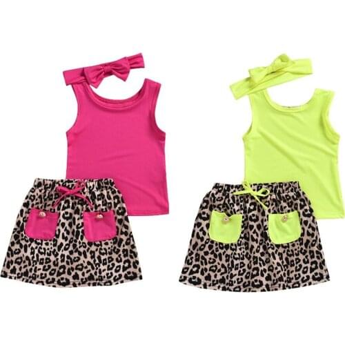 2020 Baby Summer Clothing Newborn Baby Girl Outfit Vest Top Fluorescence T shirt Leopard Dress Skirt Headband 3Pcs Clothes
