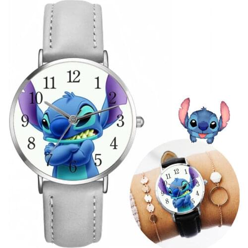 Disney Stitch Cartoon Childrens Watch Movie Anime Characters PU Belt Pointer Digital Quartz watches for kids Birthday Gifts