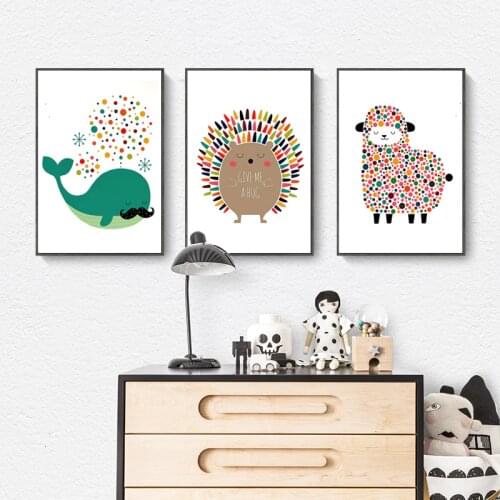 Childrens Room Decorative Canvas Painting Nordic Cartoon Animal Whale Hedgehog Lamb Modern Simple Hanging Picture Animal Print