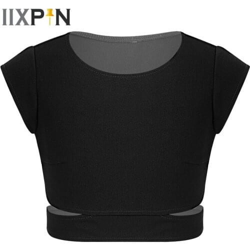 Kids Girls Ballet Dance Crop Tops Cap Sleeves Stretchy Cutout Waist Tanks Bra Tops for Ballet Dance Stage Performance Workout