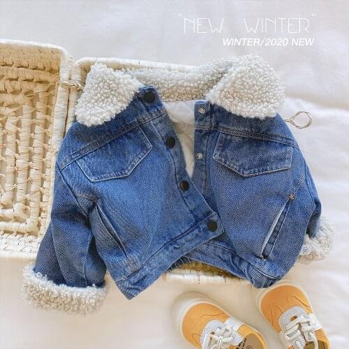 Girls Lamb Wool Denim Jacket 2020 Winter Baby Girl Thick Single-breasted Long-sleeved Warm Top Toddler Outwear Kids Girls Coats