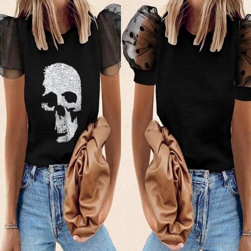 Skull Print Mesh Patchwork T Shirts Women Summer 2021 Fashion O Neck Puff Sleeve Female Tops Loose Casual Ladies Tees