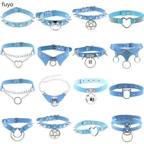 Round Necklace PU Leather Blue Star Goth Punk Rock Choker Necklaces For Women Men Hip Hop Bondage Cosplay Festival Jewelry