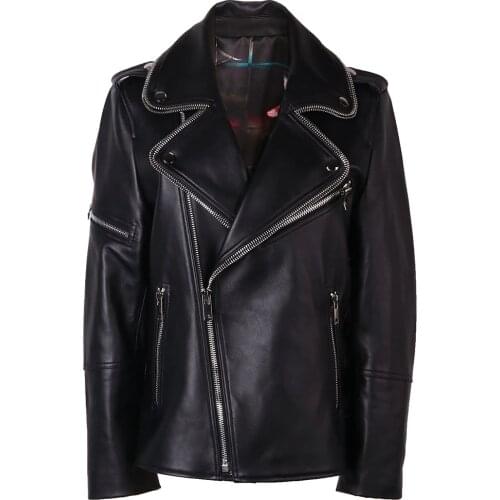 YOLOAgain Oversized Zipper Collar Genuine Leather Jacket Women Ladies Motorcycle Leather Jakcet
