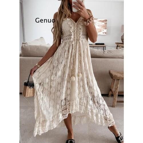 Summer White Lace Dress Women V Neck Spaghetti Strap Holiday Beach Dress Irregular Hem Tassel Long Party Dresses Casual Vestidos