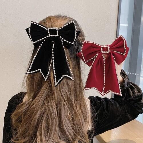 MWsonya Korea 2020 New Velvet Ribbon Big Bow Shiny Rhinestone Chain Hairpin Spring Buckle Clip Woman Hair Accessory Gift