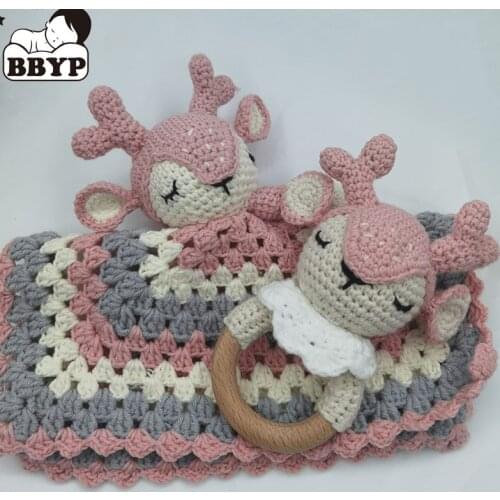Crochet Elk Deer Rabbite Toy Set Comfort towel Baby Rattle Biting Ring Handmade Baby Teething Ring Stuffed Plush Toys Gifts