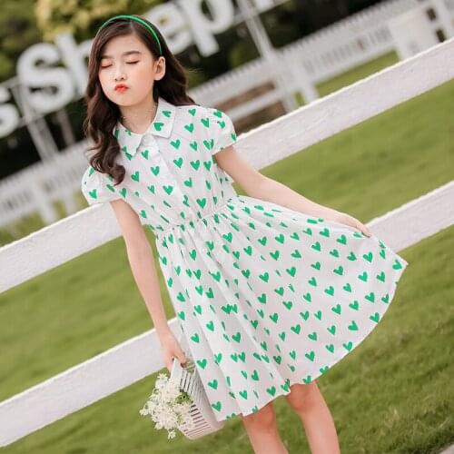 Girls Dress Summer Clothing 2020 New Teen Girls Heart Printed Cute Dresses Korean Kids Girls Cotton Casual Dress Fashion, #0140