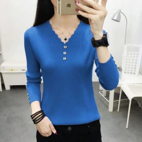 Plus Size Women V-neck Button Knitted Sweater Autumn Winter New Long Sleeve Solid Casual Slim Bodycon Pullover Jumper Ladies Top